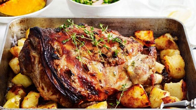 Roast lamb with honey, mustard and thyme glaze